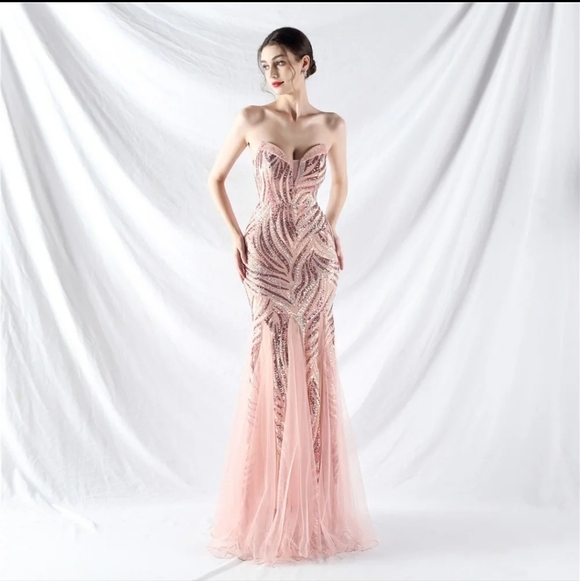 Dresses & Skirts - Pink, Striped Print, Backless, Sleeveless, Contrast Sequined Mermaid …